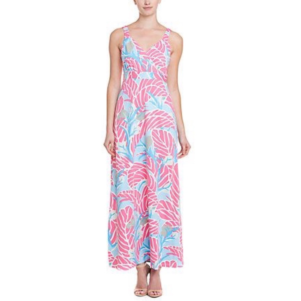 J. MCLAUGHLIN blue and pink tropical print v-neck Catalina knit maxi dress M
